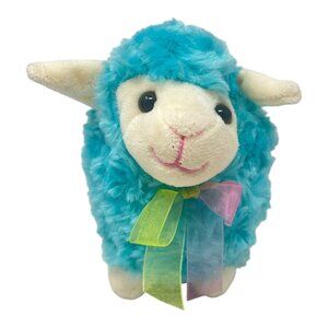 Blue Lamb stuffed Animal Plush Toy Ribbon Bow Soft Furry Curly Fur Cute